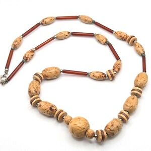 70s Faux Wood Beaded Vintage Statement Necklace 28" Earthy Boho Glass Tube Beads